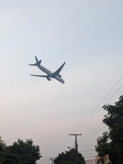 A low-angle view of a commercial airplane flying overhead in a residential area with power lines and trees in the foreground. The airplane appears to be descending, framed by a calm, overcast sky