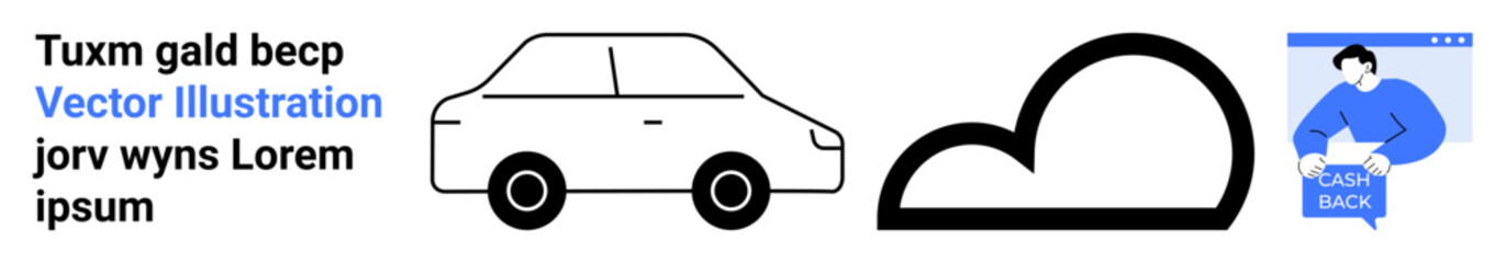 Car, cloud, and person reading in front of a screen. Ideal for web design, banners, blogs, marketing, advertisements, education, presentations. Perfect for highlighting tech or automotive themes