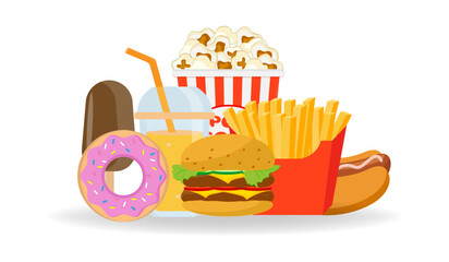 Colourful fast food vector isolated on white background. Fast food hamburger dinner and restaurant, delicious set of fast food lots of food and unhealthy fast food classic food in flat style.