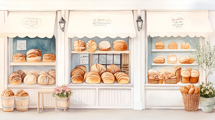 Charming watercolor painting of a traditional bakery storefront, showcasing a variety of freshly baked bread on display