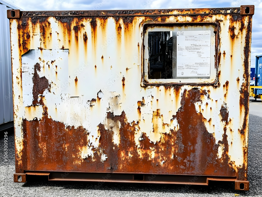Poster a weathered shipping container with rust and peeling paint, featuring a small window. ai image