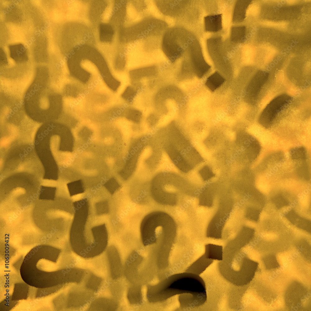Poster A digital scene with a random scattering of three-dimensional question marks illuminated by bright yellow light. Depth of field. 3d rendering illustration