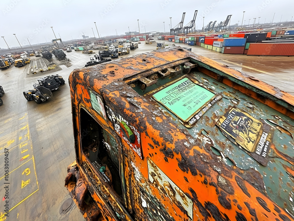 Poster a close-up view of a weathered vehicle in a busy industrial area with shipping containers. ai image