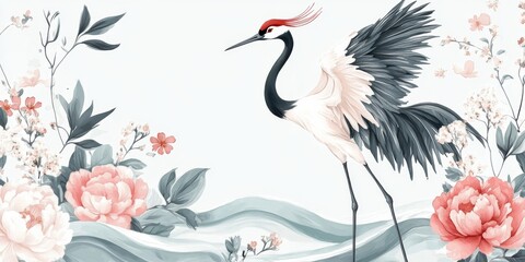 A Japanese-inspired design featuring a crane, delicate watercolor textures, and flowing waves. The design includes floral decorations and a peony pattern, all in a vintage style.