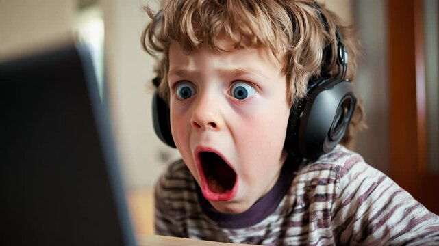 A young boy with headphones and an open-mouthed expression of shock or amazement, intensely focused on a screen in front of him.