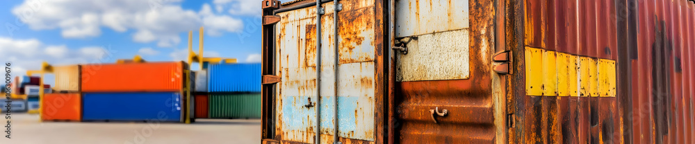 Poster a collection of colorful, rusty shipping containers stacked in a port setting. ai image