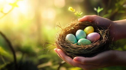 Fototapeta premium Close-up of hands holding a nest with colorful Easter eggs in a nature setting.