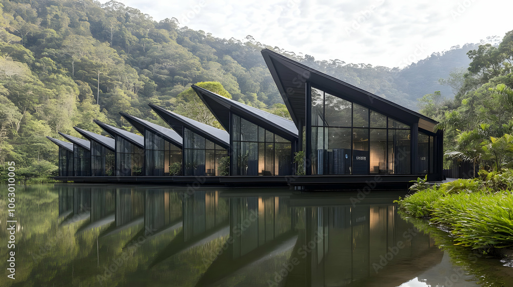 Poster modern architectural structures with angular roofs reflecting on a tranquil lake surrounded by natur