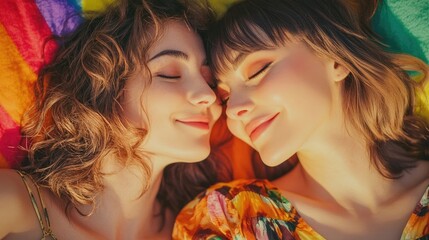 Obraz premium Beautiful model and her lovely woman friend share a joyful moment, captured in a vibrant scene, perfect for editorial use, with ample copy space for creative designs.