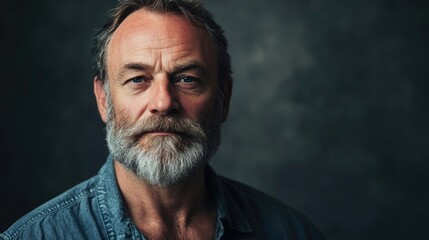 Obraz premium Portrait of a middle-aged man with a beard in a studio setting, ideal for capturing the essence of mature masculinity. This bearded mans portrait offers ample copy space.