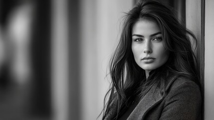 Fototapeta premium A confident woman wearing a jacket and sporting long hair stands in an urban setting, perfectly displaying her style and attire. The composition allows for photo style copy space.