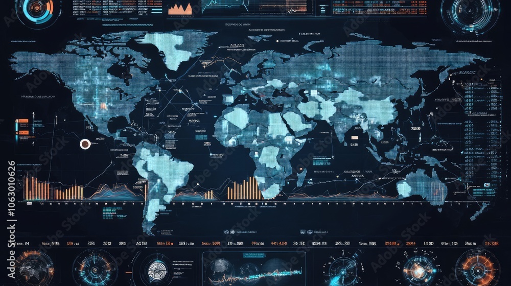 Aufkleber digital interface with world map and stock data overlay, representing international finance.