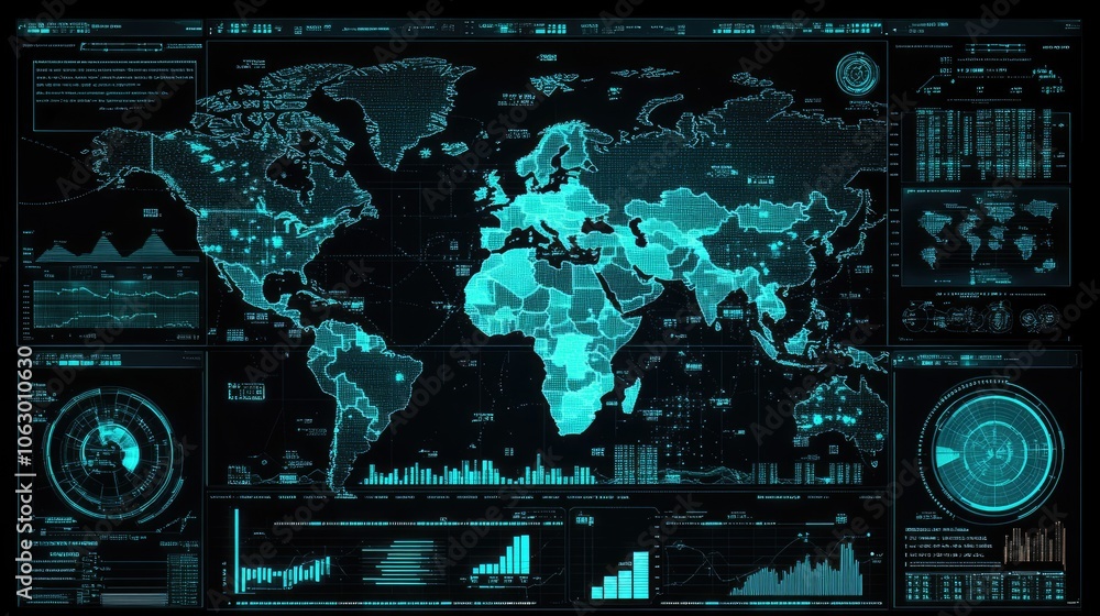 Aufkleber digital interface with world map and stock data overlay, representing international finance.