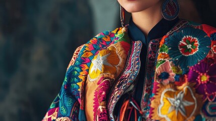 Obraz premium A woman in vibrant traditional clothing presents colorful embroidery, embodying the essence of culture and tradition, with ample space for creative use in the image.