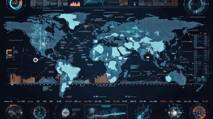 Digital interface with world map and stock data overlay, representing international finance.