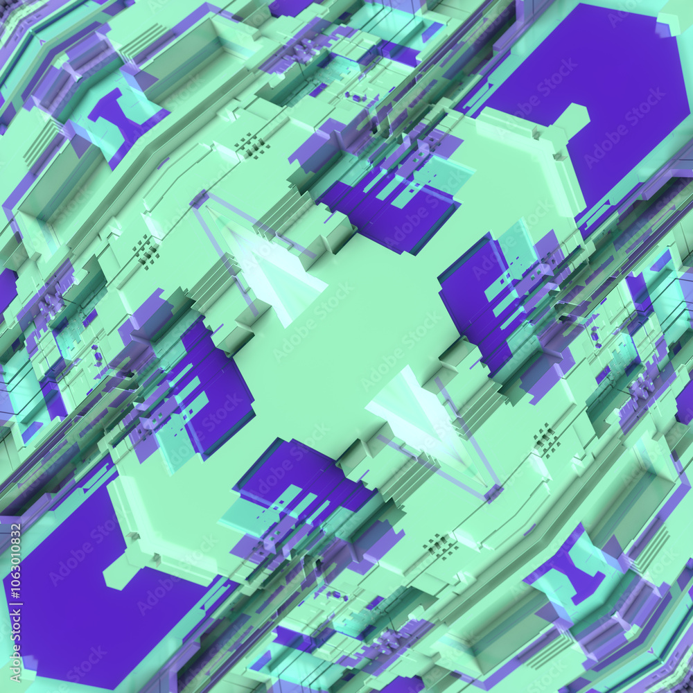 Poster Abstract symmetrical illustration of a piece of technological architecture dominated by contrasting blue and purple colors and geometric shapes. 3d rendering