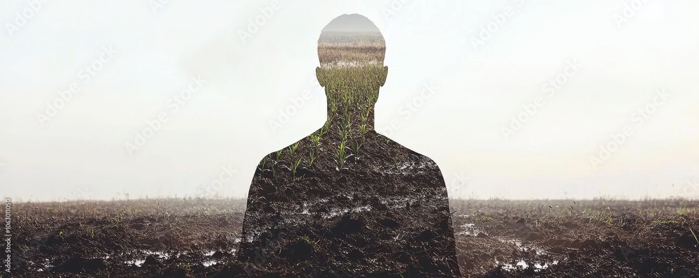 Poster a silhouette of a person merges with a landscape, symbolizing introspection and connection between h