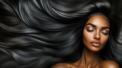 Fototapeta premium Beauty portrait highlighting a model with radiant skin and flowing long hair, offering a captivating view with ample copy space for text or design elements.