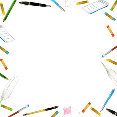 文房具・筆記用具・画材のフレーム　手描き水彩イラスト背景素材