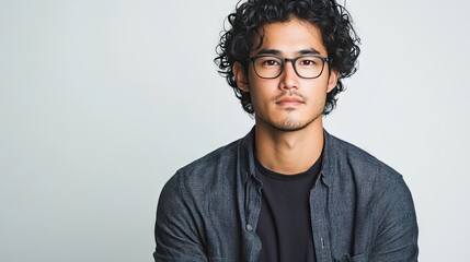Handsome Asian designer man with curly hair dressed in smart casual clothing poses for the camera against a white background, providing ample copy space for design purposes.