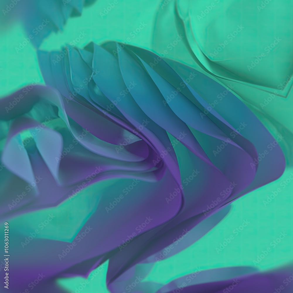 Poster Magical waves of fabric in the wind with neon green-purple color gradient and depth of field. 3d rendering digital illustration