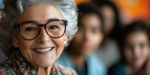 Fototapeta premium An older woman, wearing glasses and smiling, is part of a group of youthful individuals engaged in a conference call in an office setting.