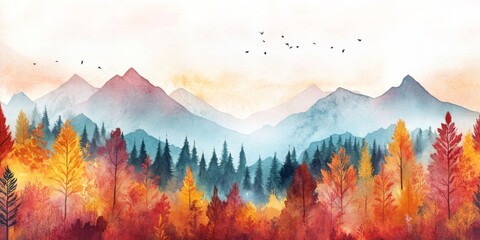 A lovely watercolor painting shows an autumn forest with mountains. The colorful scene is perfect for using as a background or wallpaper.