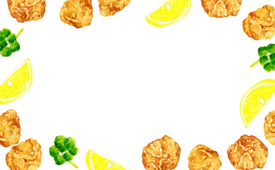 からあげ・レモン・パセリのフレーム　料理・食べ物の手描き水彩イラスト背景素材