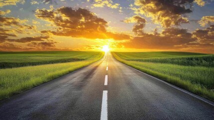 Fototapeta premium Serene Sunset Over Open Road with Vibrant Sky
