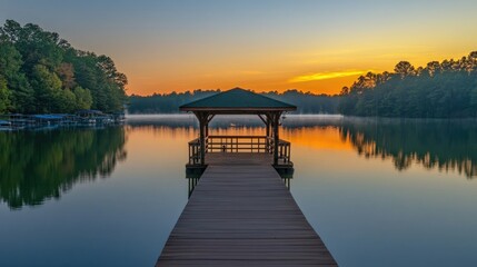 Serene Lake Dock at Dawn with Colorful Sky