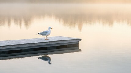 Serene Seagull on a Dock at Sunrise