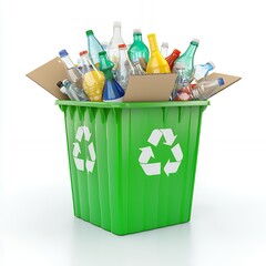 A green recycling bin overflowing with glass and plastic bottles.