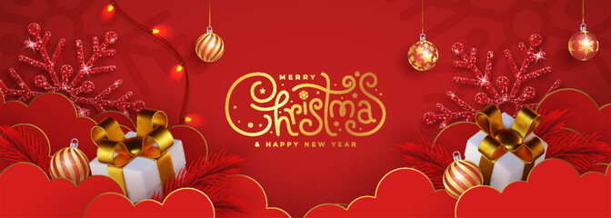 Merry Christmas holidays on red background. Festive Christmas composition top view of gift boxes, clouds, red tree branches. Imaginative Banner vector illustration perfect for the web.	