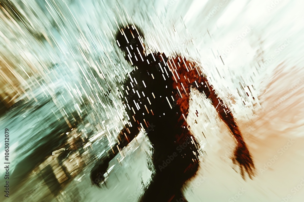 Poster a blurred silhouette of a person appears to move through cascading water, creating a dynamic and abs