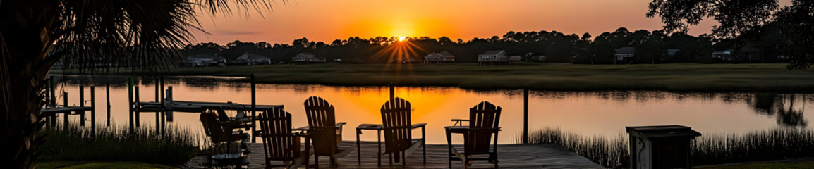 A serene sunset over a calm waterway with chairs for relaxation. AI Image