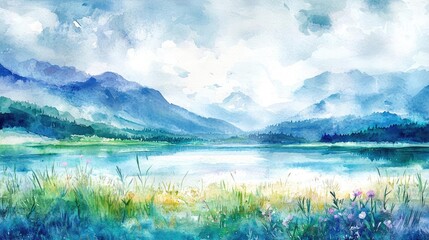 Serene landscape with mountains and a calm lake, featuring lush greenery and blue skies.