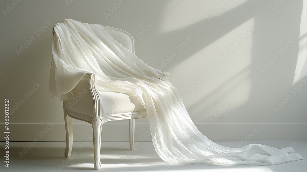 Poster a serene chair draped with a flowing white fabric, bathed in soft light, creating a calm and elegant