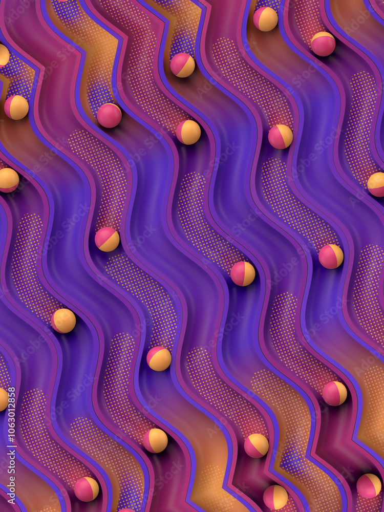 Poster bright shiny bicolored balls rolling in sinuous grooves with a trendy yellow-purple gradient. 3d ren