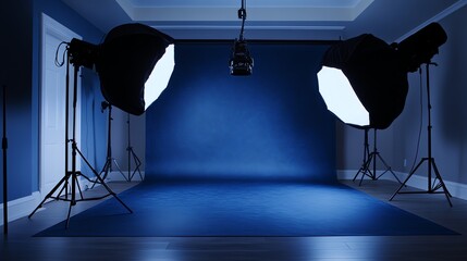 Studio setup with two lights and softboxes set up against a blue backdrop.