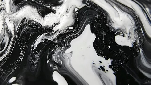 This image showcases an abstract pattern created by swirling black and white paint, emphasizing fluidity and contrast, ideal for artistic inspiration or design backgrounds.