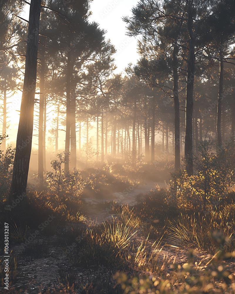Poster a misty forest scene at dawn, featuring sunlight filtering through tall trees, creating a serene and