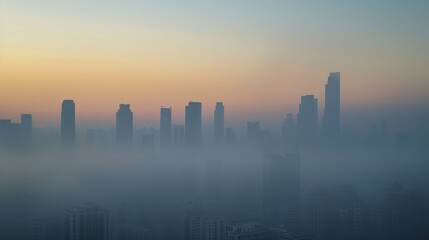 Fototapeta premium A serene foggy cityscape bathed in the soft light of sunrise, creating a mystical atmosphere and a sense of calm.