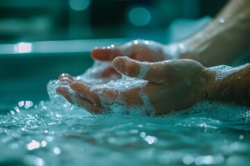 Fototapeta premium A close-up of hands washing in clear water, creating bubbles and splashes, emphasizing cleanliness and hygiene.