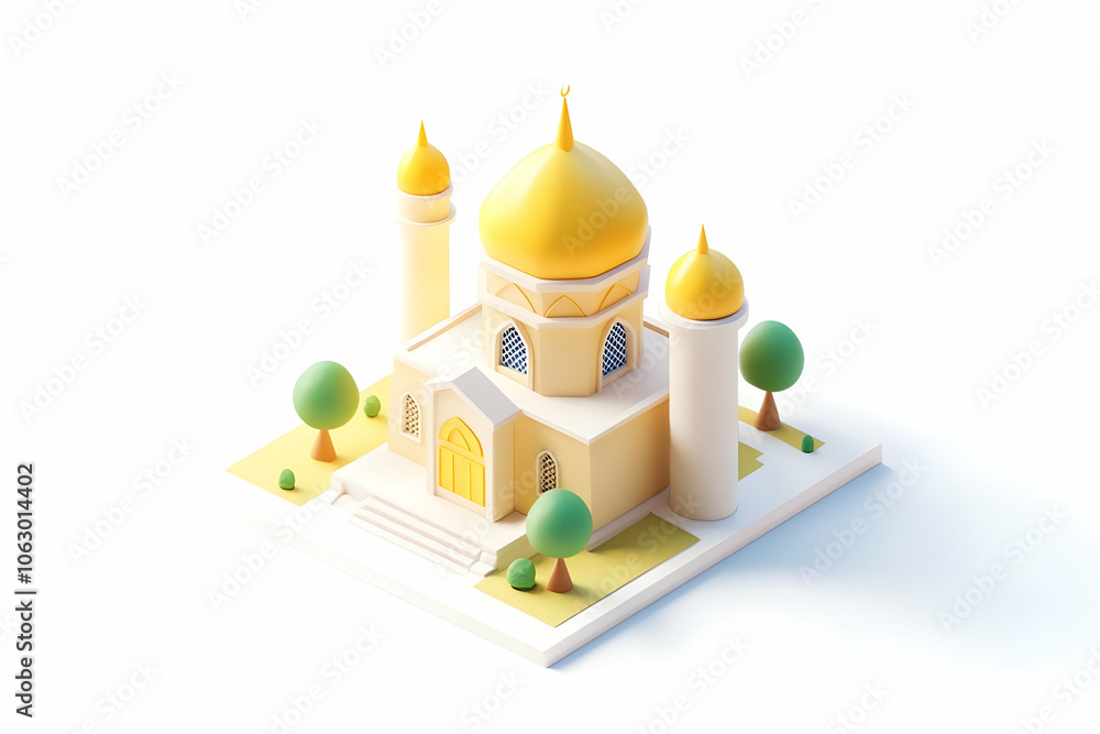 Poster a stylized architectural model of a building with golden domes and surrounding greenery. ai image