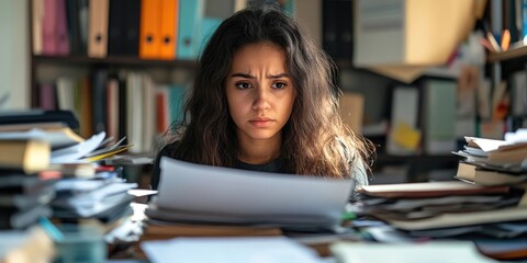 A young woman, feeling frustrated, is working to sort through disorganized paperwork in a chaotic office cabinet as she strives for better organization.