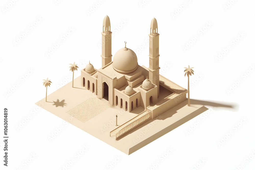 Poster a minimalist architectural representation of a mosque with domes and minarets. ai image