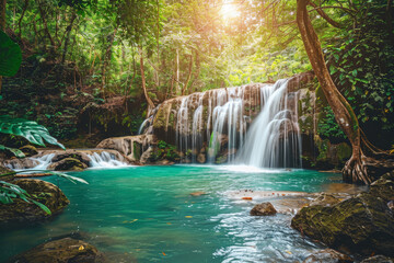 Majestic rainforest waterfall surrounded by vibrant green foliage