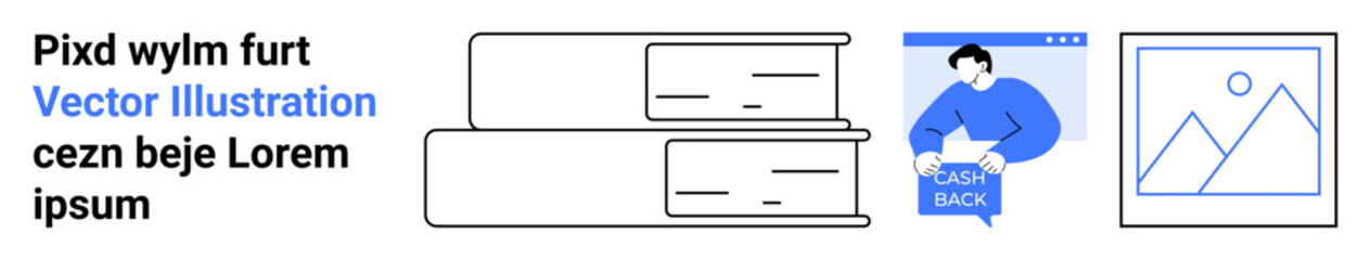 Books stacked, person reading Learn Back on screen, framed image with shapes. Ideal for education, technology integration, online learning, knowledge sharing, digital libraries, study resources
