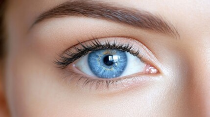 Obraz premium Close-up of the mesmerizing blue eyes of an adult woman, highlighting the beauty of her blue eyes with captivating detail and ample copy space for creative use.