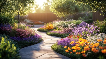 A serene garden path lined with vibrant flowers and greenery.